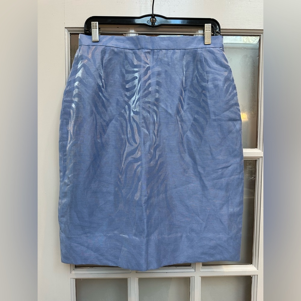 Vintage Carlisle Sky Blue Metallic Shimmer Linen Skirt Soft Zebra Print Size 10